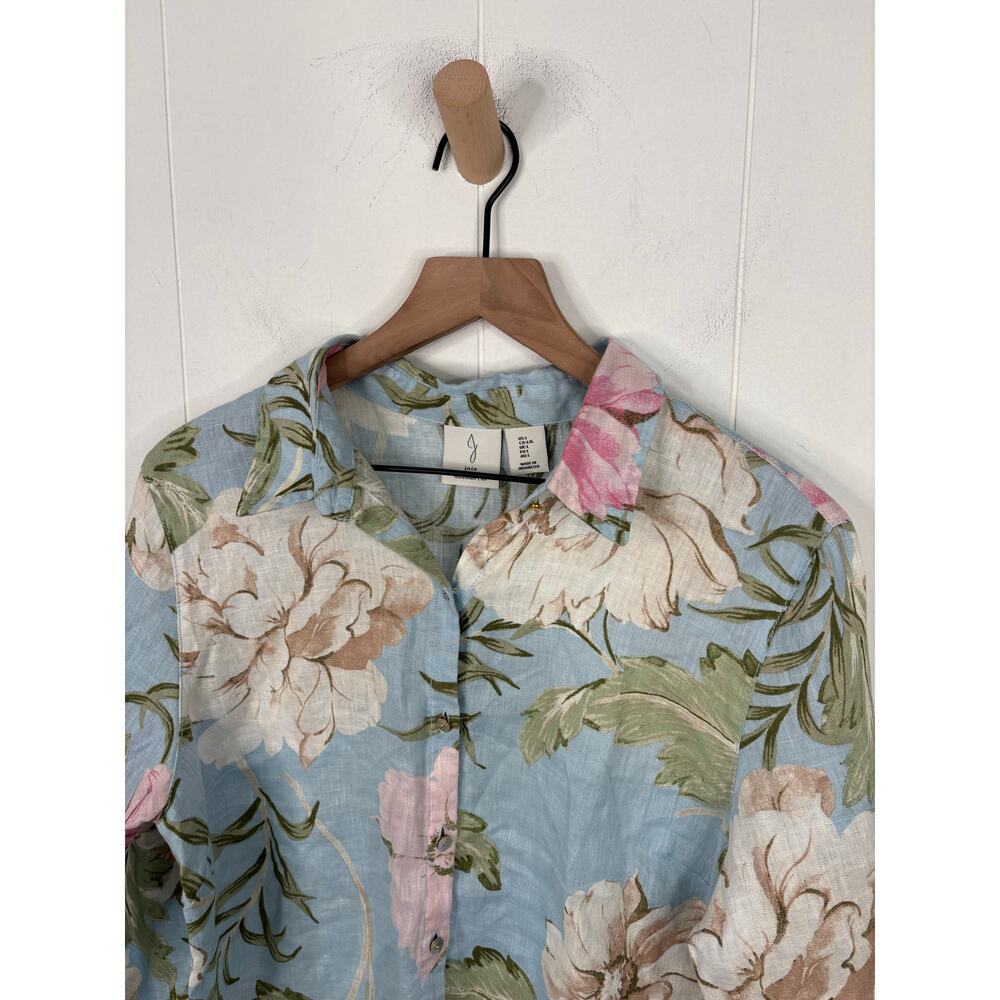 Joie 100% Linen Tropical Leaf Floral Button Up Top Large Light Blue Vacation - Picture 3 of 8